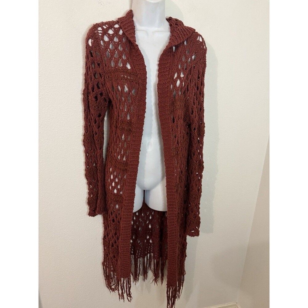 Oliver Sweater Crochet Hood m Women’s Long Line Knit Fringe Festival Boho Hippie